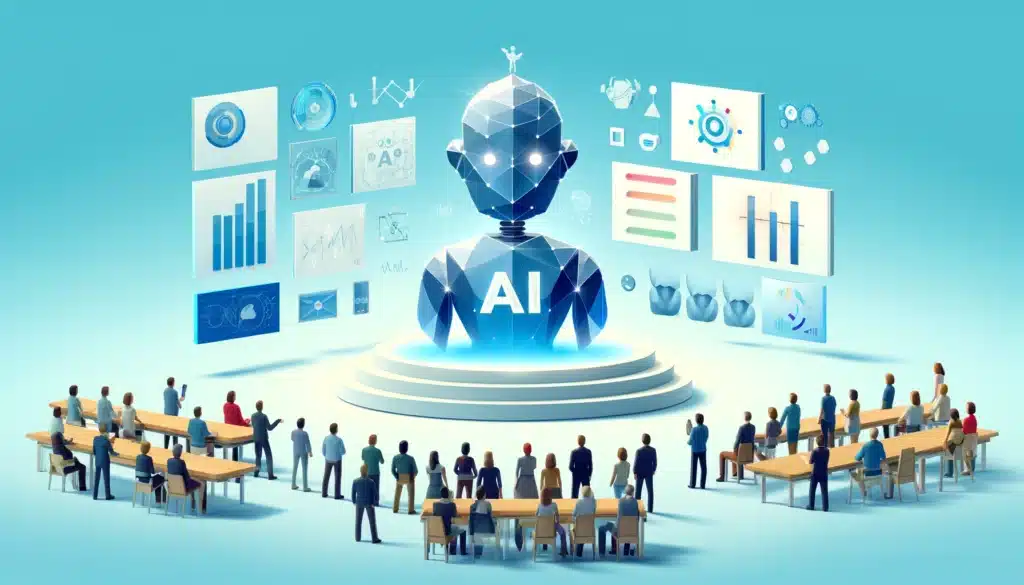 A low poly art style image representing Unveiling AI in Marketing. The scene includes a group of people composed of geometric shapes observing a gr