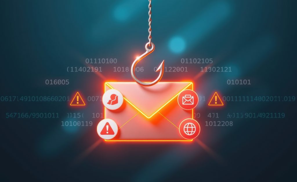 We See THIS Before a Security Issue, and Most Teams Miss It! 4 digital illustration glowing red email envelope hooked by phishing hook symbolizing cyber threats email scams phishing attacks online fraud futuristic cybersecurity concept